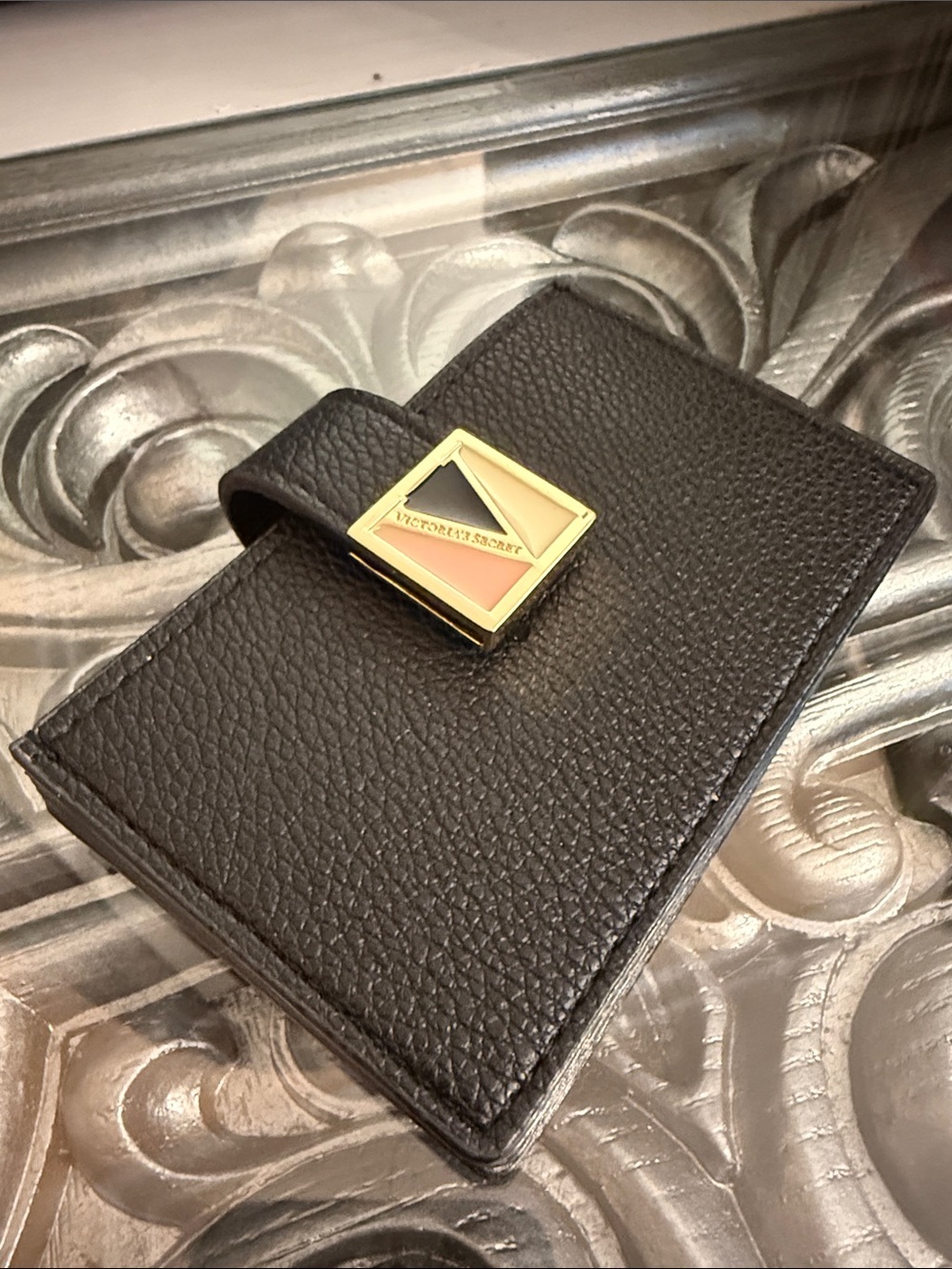 Victoria's Secret Black Pebbled Card & Key Holder with Gold V Emblem